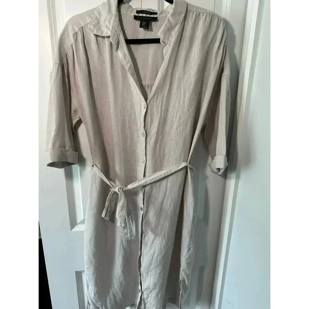 Anonymous Beige Button-Front Midi Shirt Dress with Tie Waist